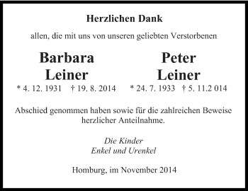 Todesanzeige von Barbara und Peter Leiner von saarbruecker_zeitung