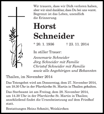 Todesanzeige von Horst Schneider von saarbruecker_zeitung