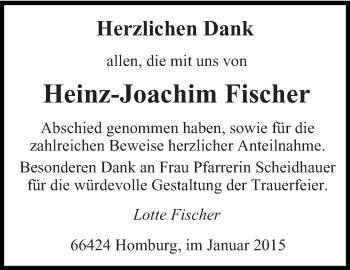 Todesanzeige von Heinz-Joachim Fischer von saarbruecker_zeitung