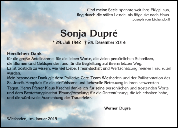 Todesanzeige von Sonja Dupré von saarbruecker_zeitung
