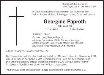Todesanzeige von Georgine Paproth von SAARBRÜCKER ZEITUNG