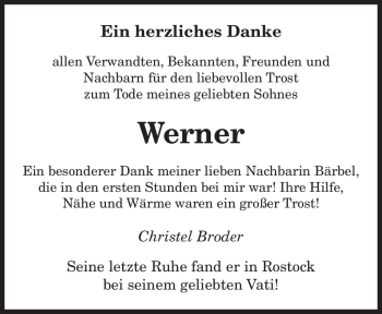 Todesanzeige von Werner Unbekannt von SAARBRÜCKER ZEITUNG