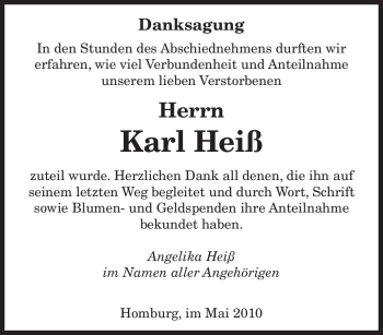 Todesanzeige von Karl Heiß von SAARBRÜCKER ZEITUNG