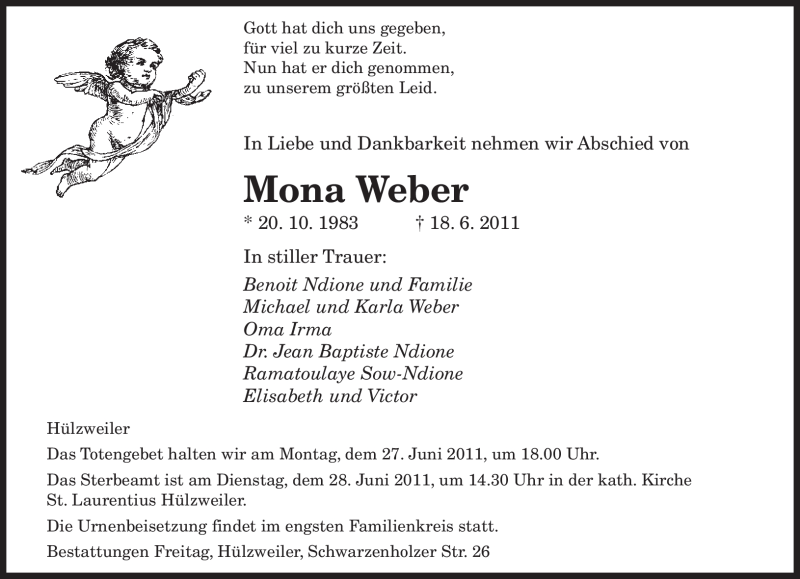  Traueranzeige für Mona Weber vom 22.06.2011 aus SAARBRÜCKER ZEITUNG