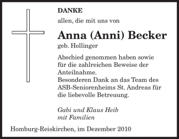 Todesanzeige von Anna Becker von SAARBRÜCKER ZEITUNG