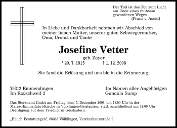 Todesanzeige von Josefine Vetter von SAARBRÜCKER ZEITUNG