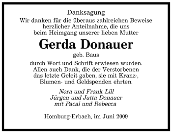 Todesanzeige von Gerda Donauer von SAARBRÜCKER ZEITUNG