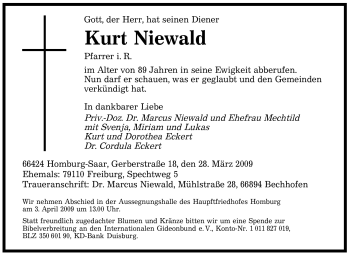 Todesanzeige von Kurt Niewald von SAARBRÜCKER ZEITUNG