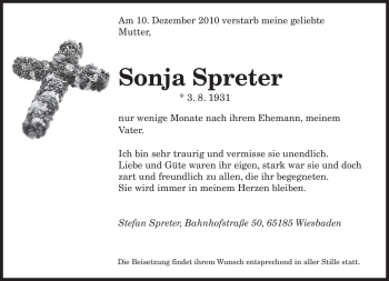 Todesanzeige von Sonja Spreter von SAARBRÜCKER ZEITUNG