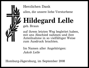 Todesanzeige von Hildegard Lelle von SAARBRÜCKER ZEITUNG