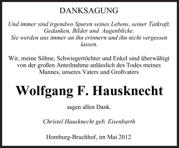 Todesanzeige von Wolfgang F. Hausknecht von SAARBRÜCKER ZEITUNG