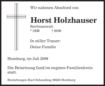 Todesanzeige von Horst Holzhauser von SAARBRÜCKER ZEITUNG