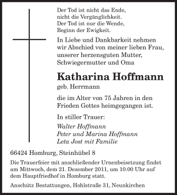 Todesanzeige von Katharina Hoffmann von SAARBRÜCKER ZEITUNG