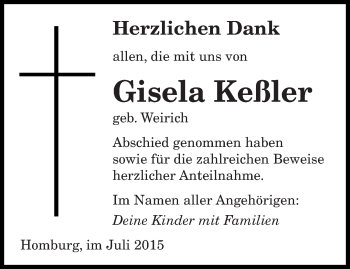 Todesanzeige von Gisela Keßler von saarbruecker_zeitung