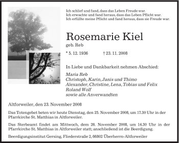 Todesanzeige von Rosemarie Kiel von SAARBRÜCKER ZEITUNG