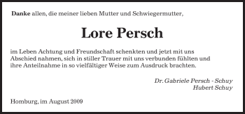 Todesanzeige von Lore Persch von SAARBRÜCKER ZEITUNG