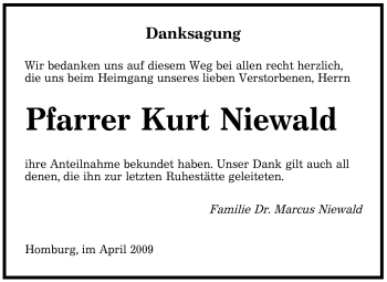 Todesanzeige von Kurt Niewald von SAARBRÜCKER ZEITUNG