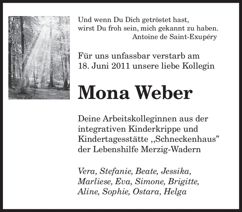  Traueranzeige für Mona Weber vom 27.06.2011 aus SAARBRÜCKER ZEITUNG