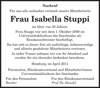 Todesanzeige von Isabella Stuppi von SAARBRÜCKER ZEITUNG