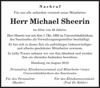 Todesanzeige von Michael Sheerin von SAARBRÜCKER ZEITUNG