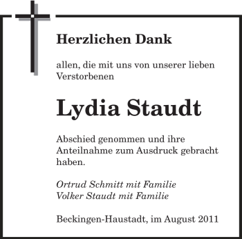Todesanzeige von Lydia Staudt von SAARBRÜCKER ZEITUNG