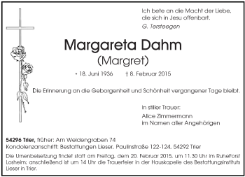 Todesanzeige von Margareta Dahm von saarbruecker_zeitung