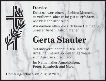 Todesanzeige von Gerta Stauter von SAARBRÜCKER ZEITUNG