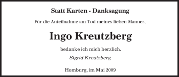 Todesanzeige von Ingo Kreutzberg von SAARBRÜCKER ZEITUNG