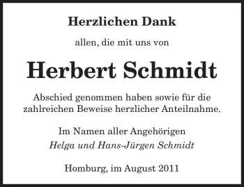 Todesanzeige von Herbert Schmidt von SAARBRÜCKER ZEITUNG