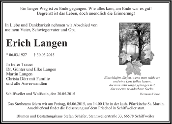 Todesanzeige von Erich Langen von saarbruecker_zeitung