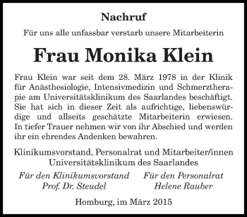 Todesanzeige von Monika Klein von saarbruecker_zeitung