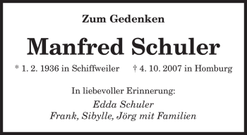 Todesanzeige von Manfred Schuler von SAARBRÜCKER ZEITUNG