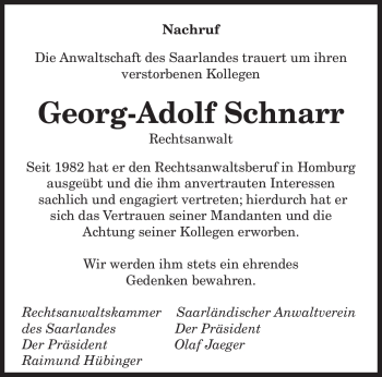 Todesanzeige von Georg-Adolf Schnarr von SAARBRÜCKER ZEITUNG