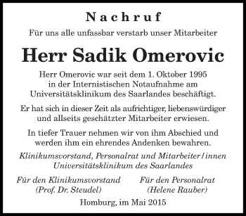 Todesanzeige von Sadik Omerovic von saarbruecker_zeitung