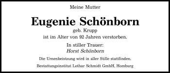 Todesanzeige von Eugenie Schönborn von SAARBRÜCKER ZEITUNG