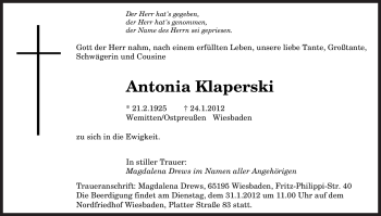 Todesanzeige von Antonia Klaperski von SAARBRÜCKER ZEITUNG