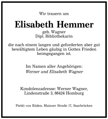 Todesanzeige von Elisabeth Hemmer von SAARBRÜCKER ZEITUNG