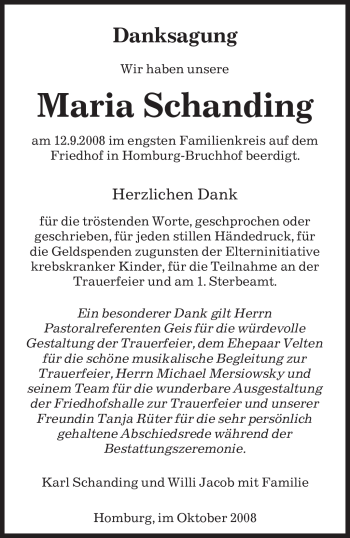 Todesanzeige von Maria Schanding von SAARBRÜCKER ZEITUNG