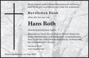 Todesanzeige von Hans Roth von SAARBRÜCKER ZEITUNG