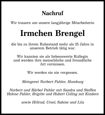 Todesanzeige von Irmchen Brengel von SAARBRÜCKER ZEITUNG