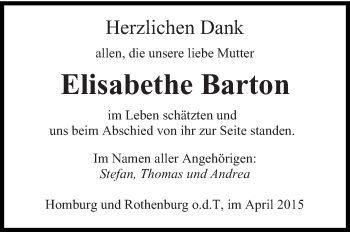 Todesanzeige von Elisabethe Barton von saarbruecker_zeitung