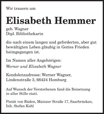 Todesanzeige von Elisabeth Hemmer von SAARBRÜCKER ZEITUNG