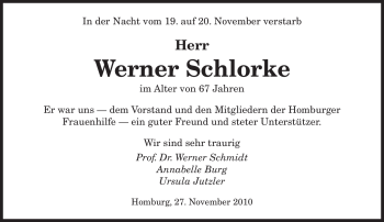 Todesanzeige von Werner Schlorke von SAARBRÜCKER ZEITUNG