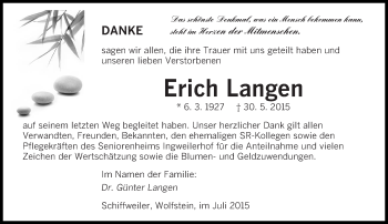 Todesanzeige von Erich Langen von saarbruecker_zeitung