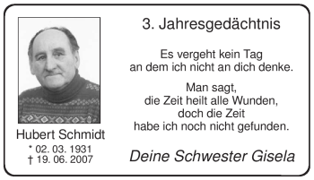 Todesanzeige von Hubert Schmidt von SAARBRÜCKER ZEITUNG