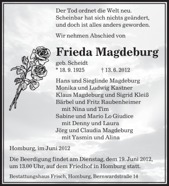 Todesanzeige von Frieda Magdeburg von SAARBRÜCKER ZEITUNG