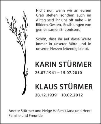 Todesanzeige von Karin und Klaus Stürmer von saarbruecker_zeitung