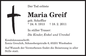 Todesanzeige von Maria Greif von SAARBRÜCKER ZEITUNG