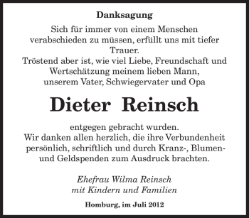 Todesanzeige von Dieter Reinsch von SAARBRÜCKER ZEITUNG