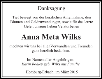 Todesanzeige von Anna Meta Wilks von saarbruecker_zeitung